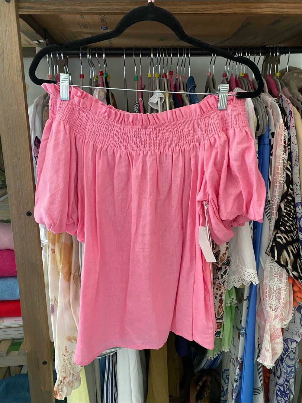 CECE Off-Shoulder Smocked Pink Women's Top